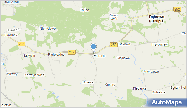 mapa Pieranie, Pieranie gmina Dąbrowa Biskupia na mapie Targeo
